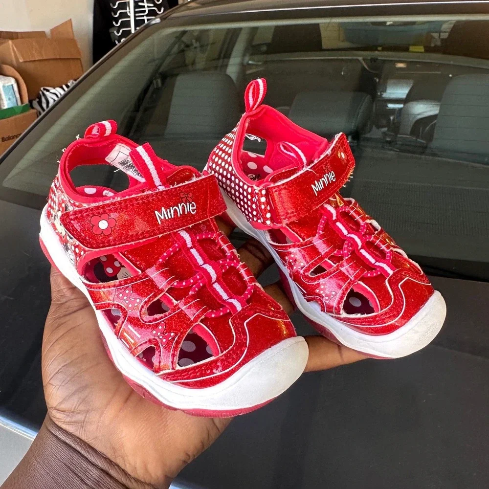 Disney Minnie Mouse Toddler Girls Red Glitter Polka Dot Light Up Sandals Size 7